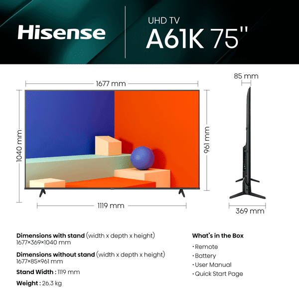 ابعاد تلویزیون 75 اینچ هایسنس مدل 75A61K
